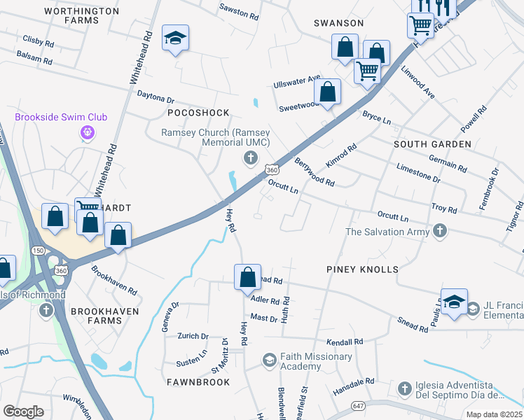 map of restaurants, bars, coffee shops, grocery stores, and more near 5845 Orcutt Lane in Richmond