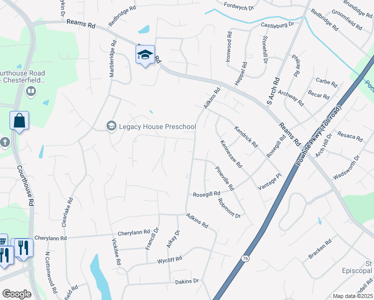 map of restaurants, bars, coffee shops, grocery stores, and more near 720 Adkins Road in Chesterfield County