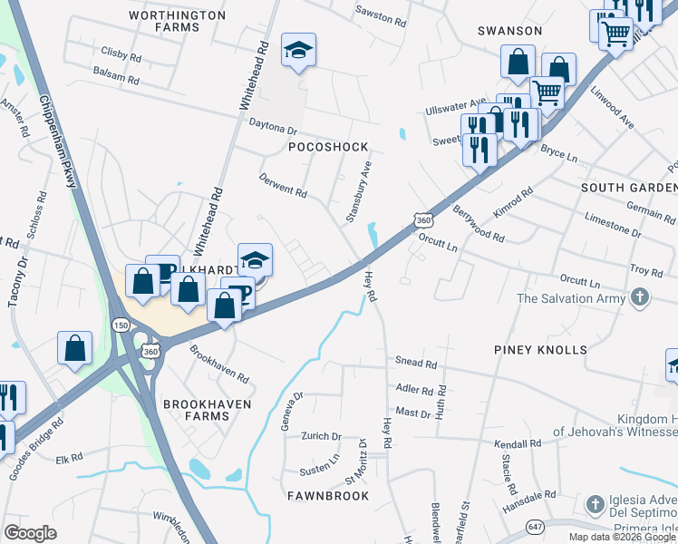map of restaurants, bars, coffee shops, grocery stores, and more near 6110 Hull Street Road in Richmond