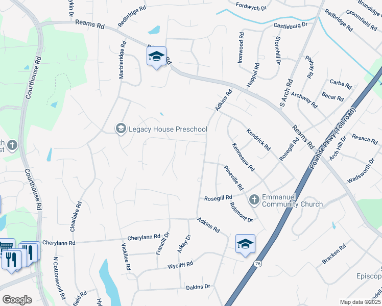 map of restaurants, bars, coffee shops, grocery stores, and more near 713 Adkins Ridge Place in Chesterfield County