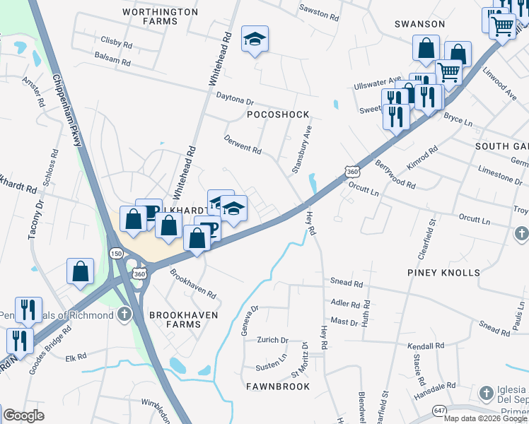 map of restaurants, bars, coffee shops, grocery stores, and more near 6110 Hull Street Road in Richmond
