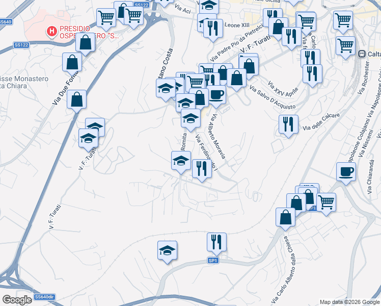 map of restaurants, bars, coffee shops, grocery stores, and more near 33 Via Balate in Caltanissetta