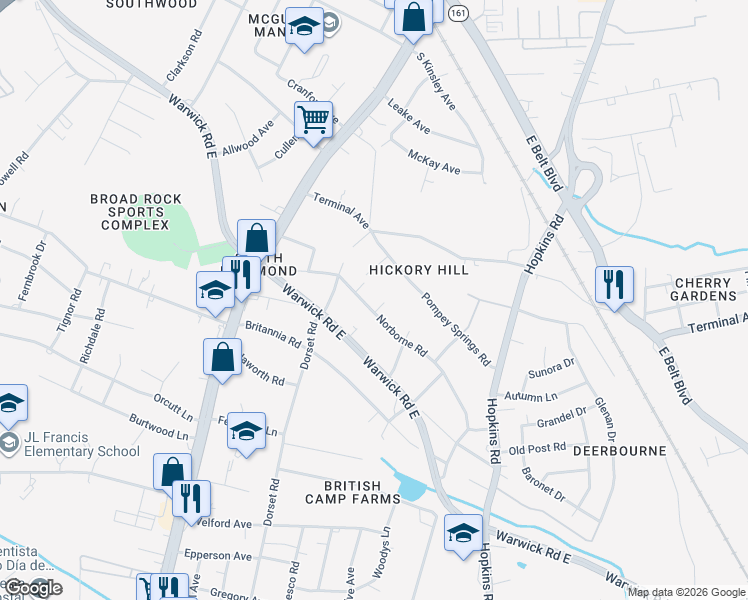 map of restaurants, bars, coffee shops, grocery stores, and more near 4306 Norborne Road in Richmond
