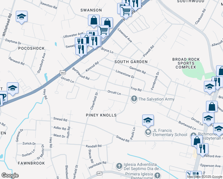 map of restaurants, bars, coffee shops, grocery stores, and more near 5526 Orcutt Lane in Richmond