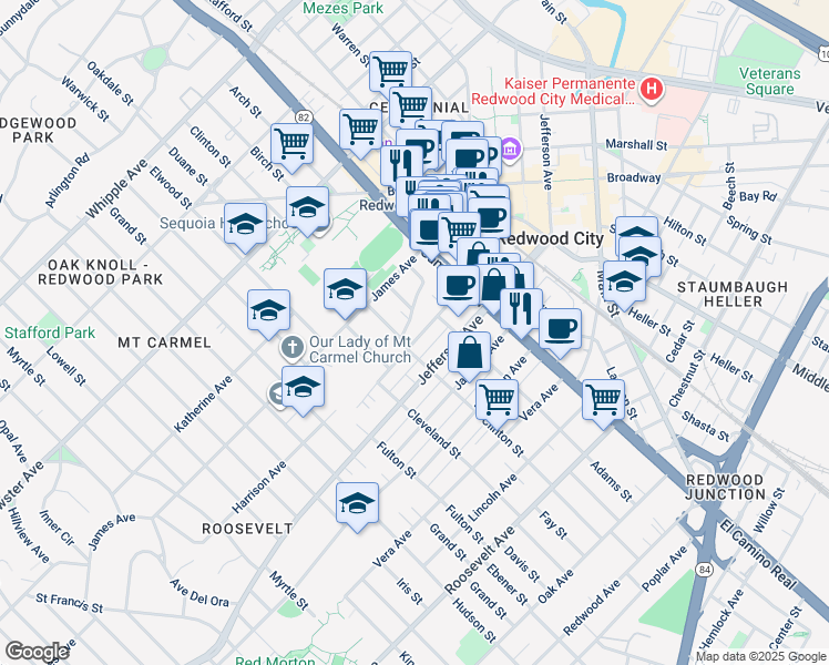 map of restaurants, bars, coffee shops, grocery stores, and more near 242 Harrison Avenue in Redwood City