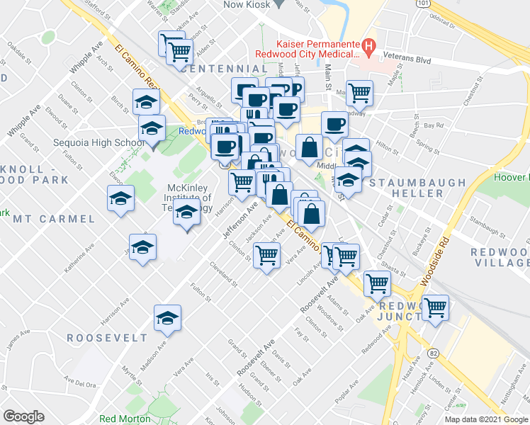 map of restaurants, bars, coffee shops, grocery stores, and more near 130 Jackson Avenue in Redwood City