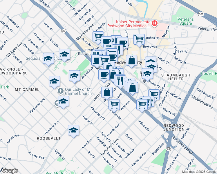 map of restaurants, bars, coffee shops, grocery stores, and more near 130 Jackson Avenue in Redwood City