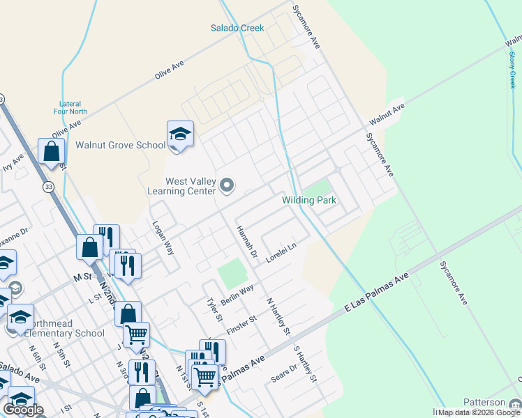 map of restaurants, bars, coffee shops, grocery stores, and more near 638 Periwinkle Drive in Patterson