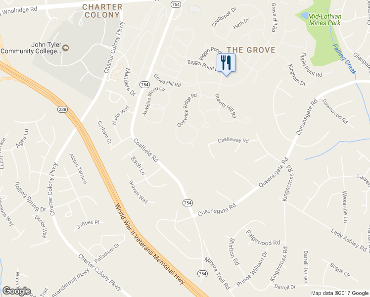 map of restaurants, bars, coffee shops, grocery stores, and more near 1401 Goswick Ridge Road in Midlothian