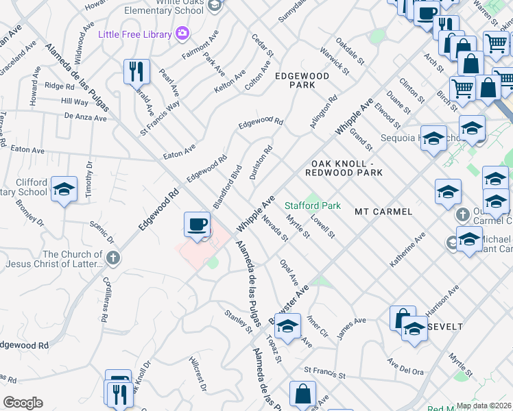 map of restaurants, bars, coffee shops, grocery stores, and more near 2 Turnsworth Avenue in Redwood City