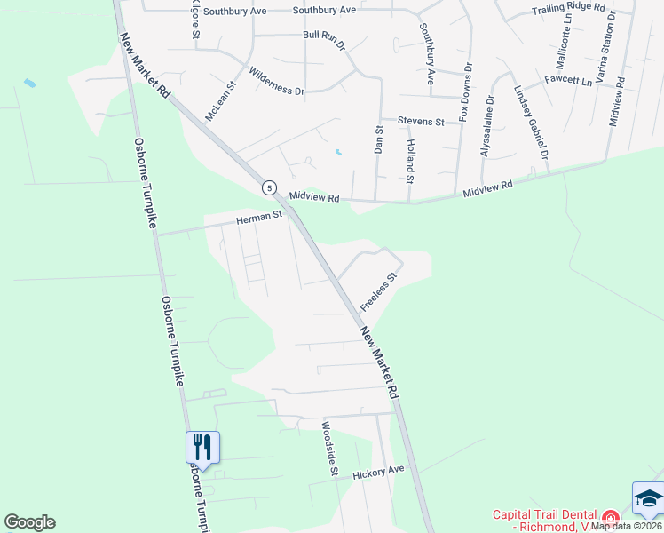 map of restaurants, bars, coffee shops, grocery stores, and more near 1364 New Market Road in Richmond