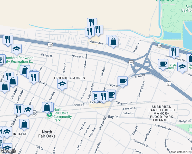 map of restaurants, bars, coffee shops, grocery stores, and more near 1012 Fifteenth Avenue in Redwood City
