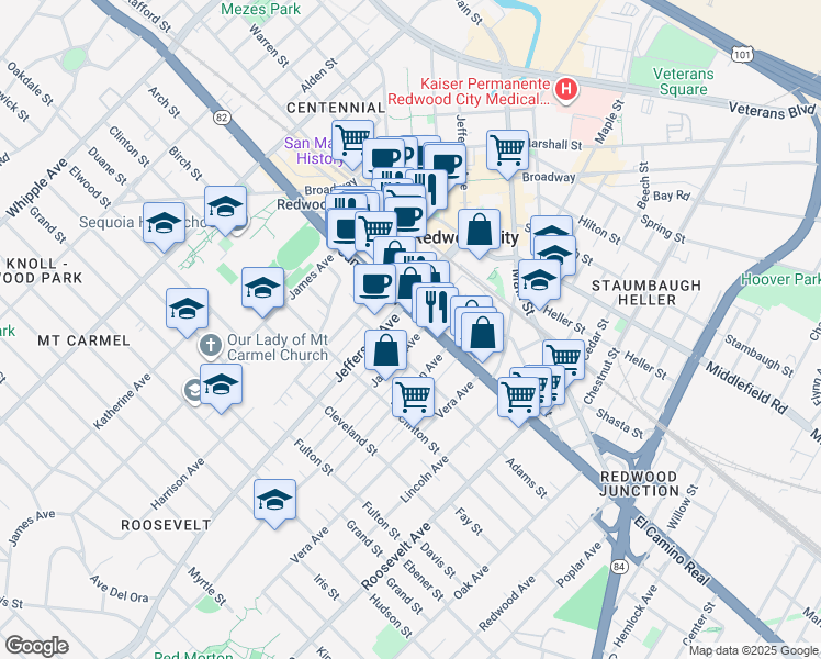 map of restaurants, bars, coffee shops, grocery stores, and more near in Woodside