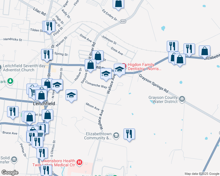 map of restaurants, bars, coffee shops, grocery stores, and more near 201 Wallace Avenue in Leitchfield