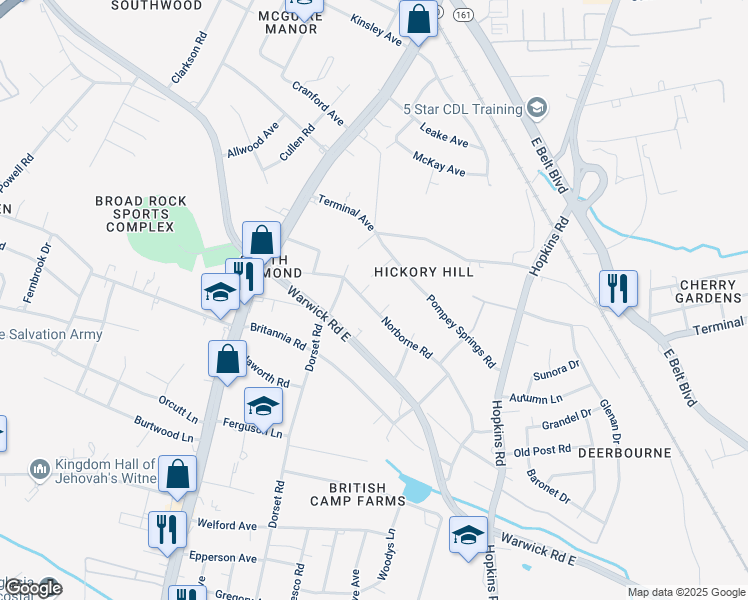 map of restaurants, bars, coffee shops, grocery stores, and more near 4310 Norborne Road in Richmond