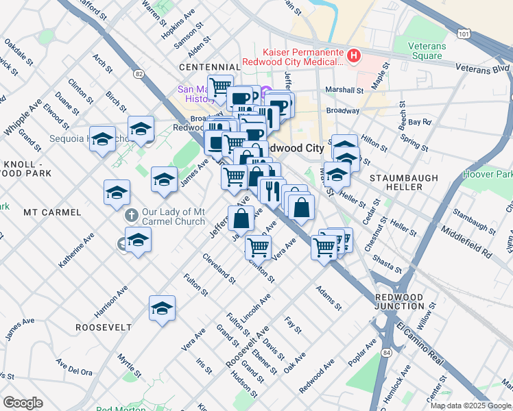 map of restaurants, bars, coffee shops, grocery stores, and more near 130 Jackson Avenue in Redwood City