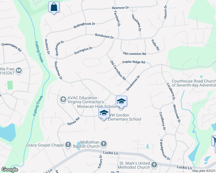map of restaurants, bars, coffee shops, grocery stores, and more near 11612 Smoketree Drive in Chesterfield County