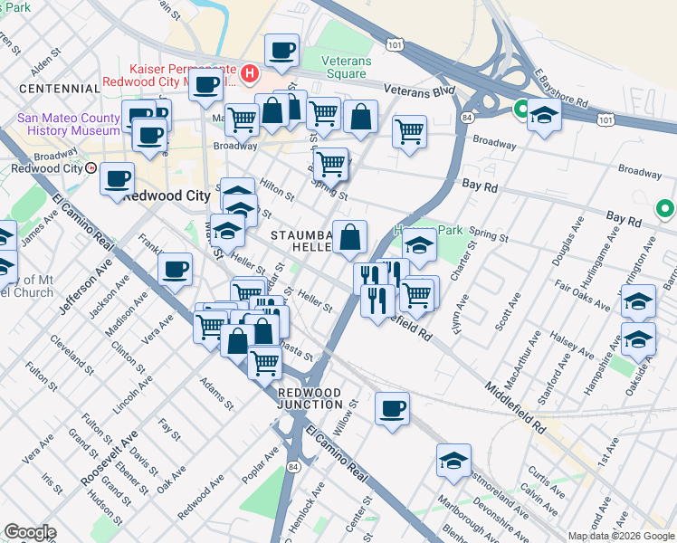 map of restaurants, bars, coffee shops, grocery stores, and more near 515 Buckeye Street in Redwood City