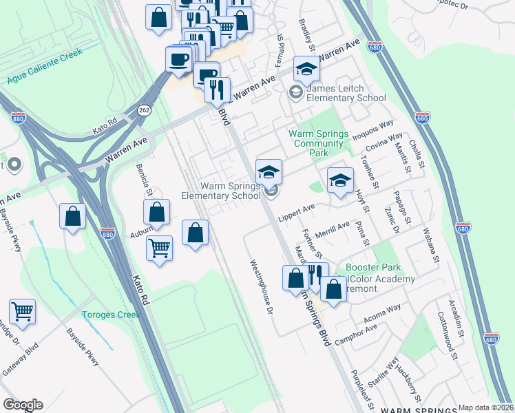 map of restaurants, bars, coffee shops, grocery stores, and more near 47385 Warm Springs Boulevard in Fremont