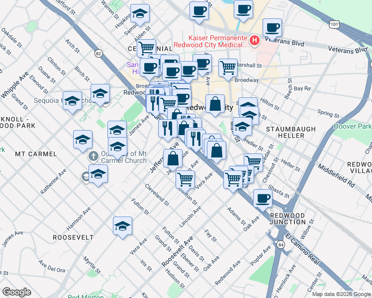 map of restaurants, bars, coffee shops, grocery stores, and more near 1280 El Camino Real in Redwood City