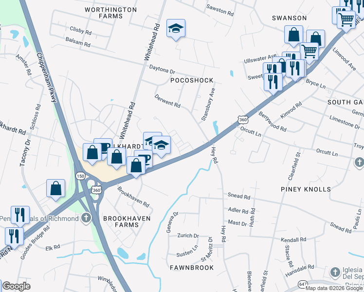 map of restaurants, bars, coffee shops, grocery stores, and more near 6110 Hull Street Road in Richmond