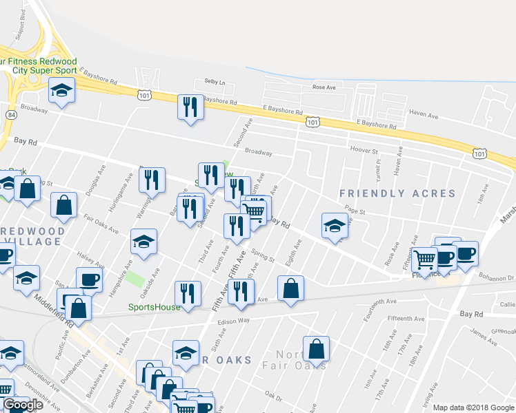 map of restaurants, bars, coffee shops, grocery stores, and more near 3183 Bay Road in Redwood City