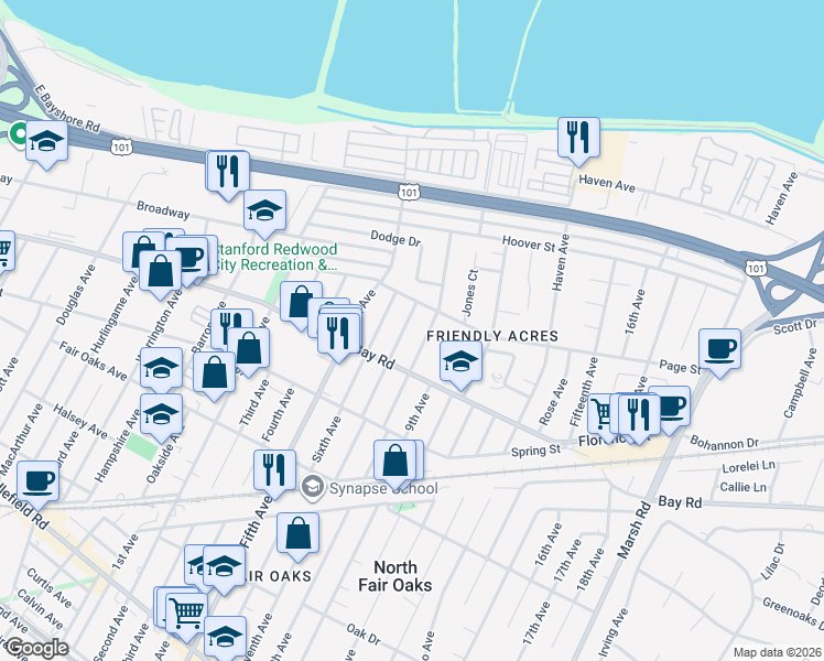 map of restaurants, bars, coffee shops, grocery stores, and more near 932 Seventh Avenue in Redwood City