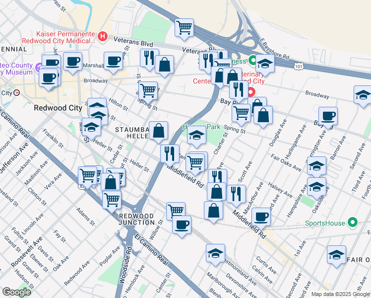 map of restaurants, bars, coffee shops, grocery stores, and more near 635 Laurel Street in Redwood City