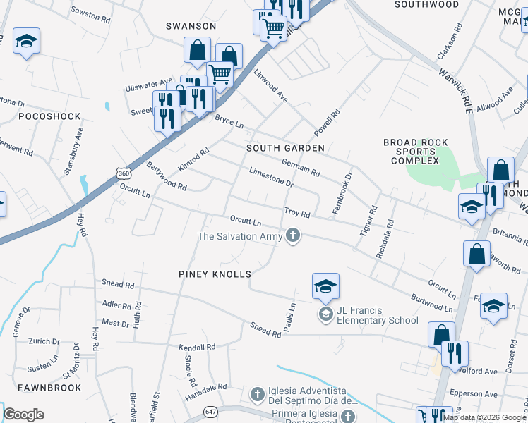 map of restaurants, bars, coffee shops, grocery stores, and more near 5419 Troy Road in Richmond