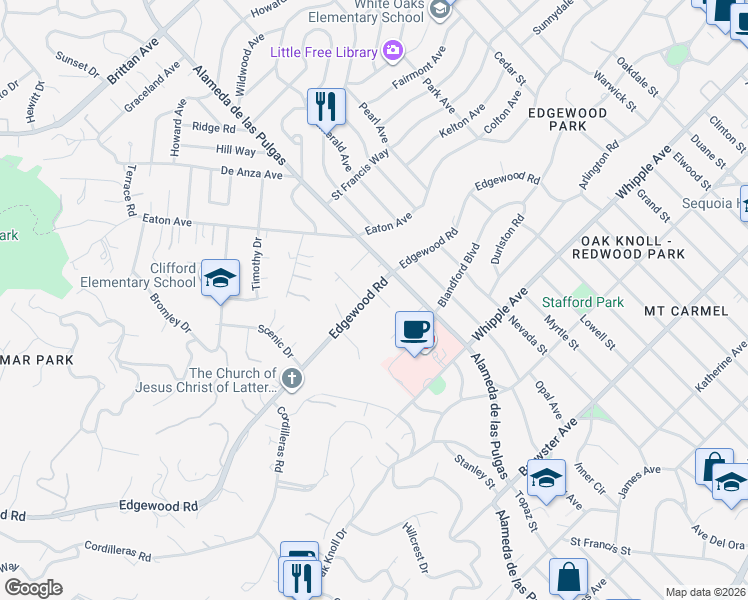map of restaurants, bars, coffee shops, grocery stores, and more near 1235 Edgewood Road in Redwood City