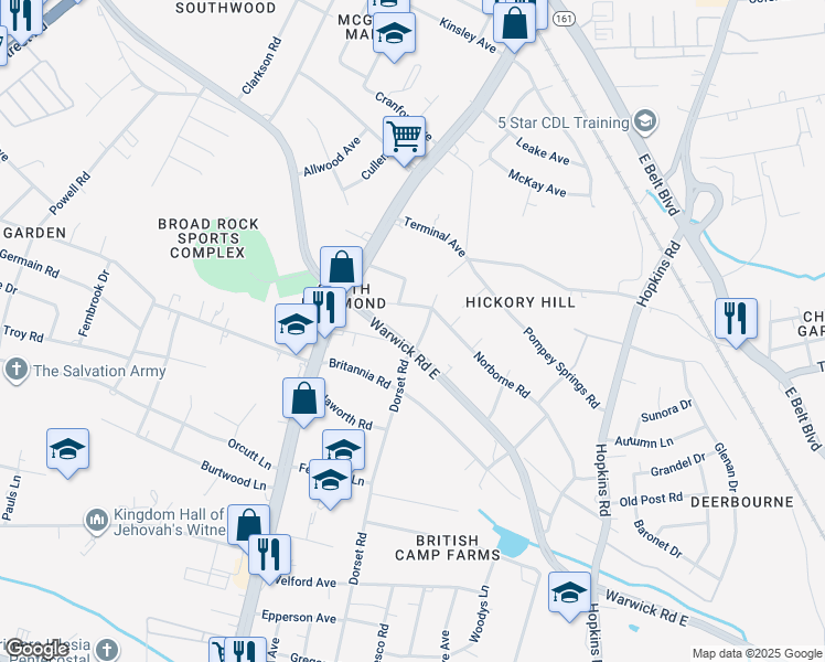map of restaurants, bars, coffee shops, grocery stores, and more near 4440 Warwick Road in Richmond