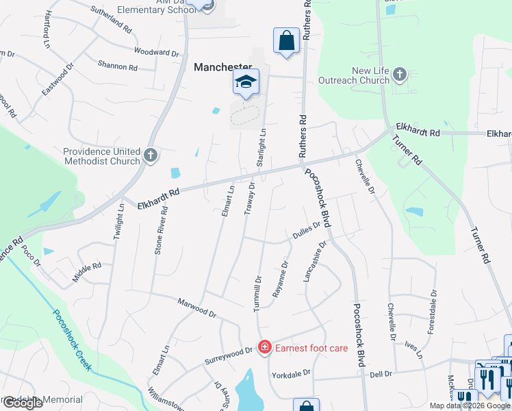 map of restaurants, bars, coffee shops, grocery stores, and more near 1235 Traway Drive in Richmond