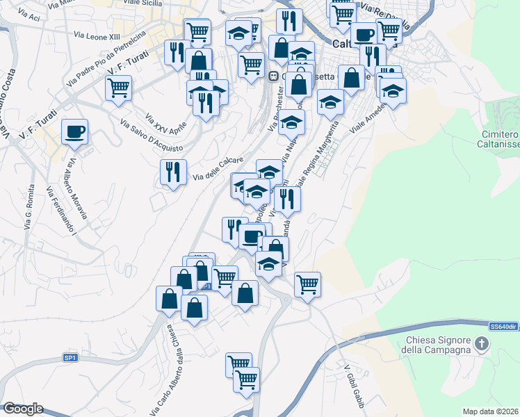 map of restaurants, bars, coffee shops, grocery stores, and more near 284 Via Colajanni Napoleone in Caltanissetta