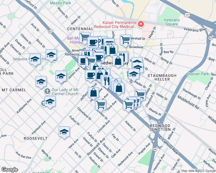 map of restaurants, bars, coffee shops, grocery stores, and more near in Redwood City