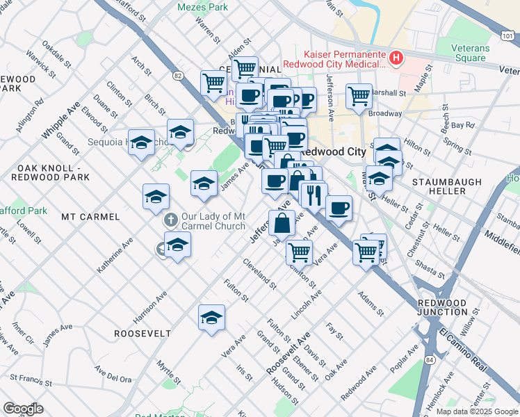 map of restaurants, bars, coffee shops, grocery stores, and more near 524 Adams Street in Redwood City