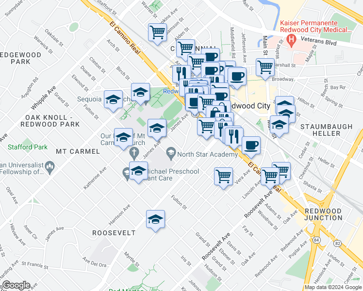 map of restaurants, bars, coffee shops, grocery stores, and more near 242 Harrison Avenue in Redwood City