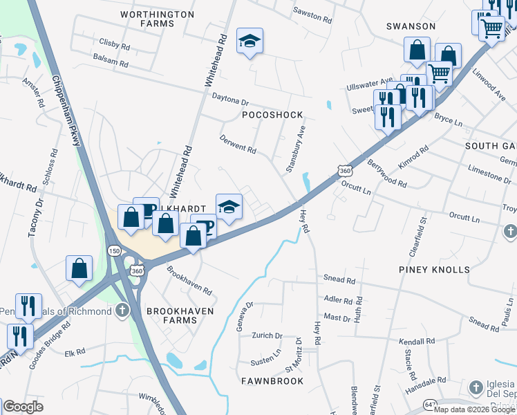 map of restaurants, bars, coffee shops, grocery stores, and more near 6110 Hull Street Road in Richmond