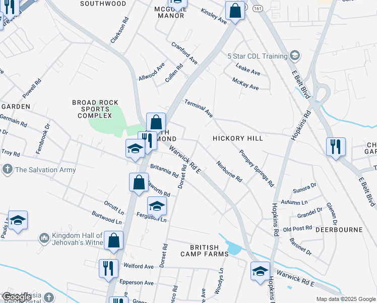 map of restaurants, bars, coffee shops, grocery stores, and more near 4440 Warwick Road in Richmond