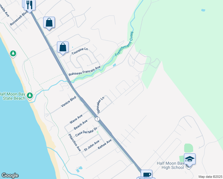 map of restaurants, bars, coffee shops, grocery stores, and more near 1527 Hawser Lane in Half Moon Bay