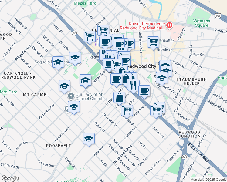 map of restaurants, bars, coffee shops, grocery stores, and more near 524 Adams Street in Redwood City