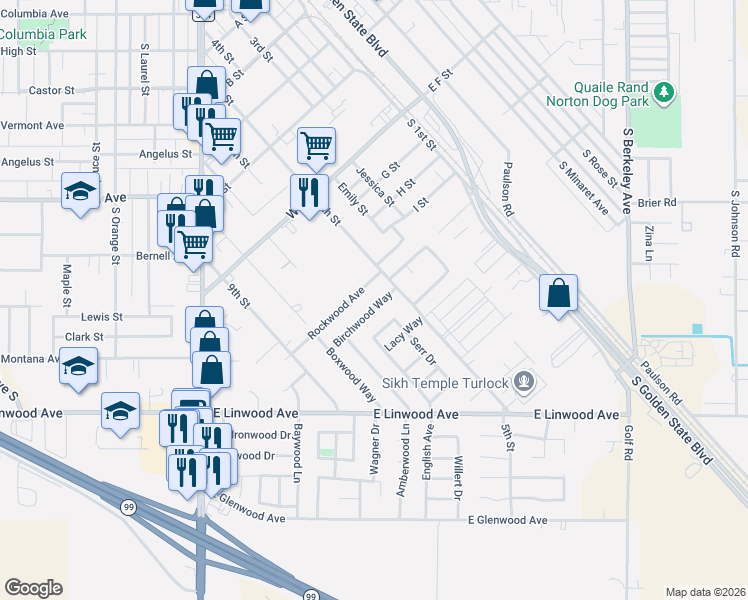 map of restaurants, bars, coffee shops, grocery stores, and more near 573 Birchwood Way in Turlock