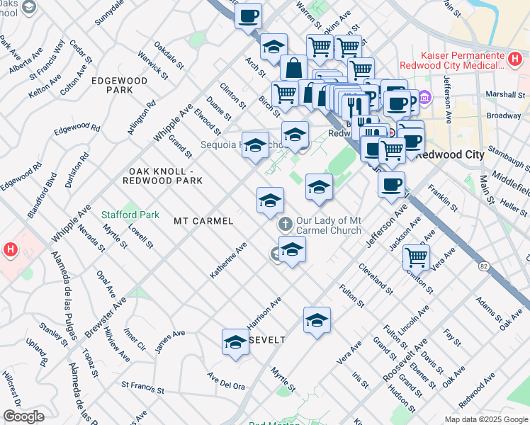 map of restaurants, bars, coffee shops, grocery stores, and more near 278 Fulton Street in Redwood City