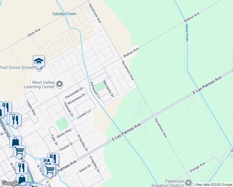 map of restaurants, bars, coffee shops, grocery stores, and more near 511 Millwood Drive in Patterson