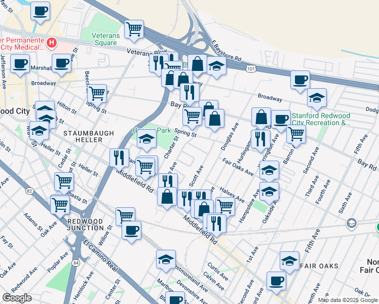 map of restaurants, bars, coffee shops, grocery stores, and more near 36 Greenwood Lane in Redwood City