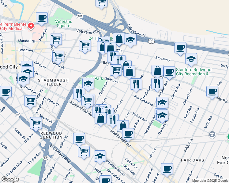 map of restaurants, bars, coffee shops, grocery stores, and more near 36 Greenwood Lane in Redwood City