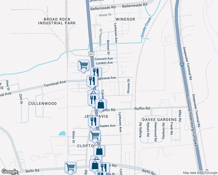map of restaurants, bars, coffee shops, grocery stores, and more near 3013 Berwyn Street in Richmond