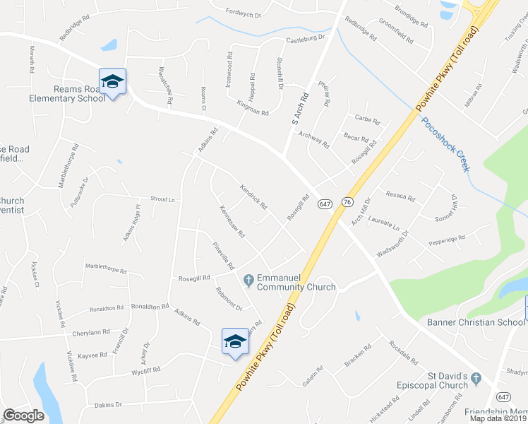 map of restaurants, bars, coffee shops, grocery stores, and more near 9601 Kendrick Road in Richmond