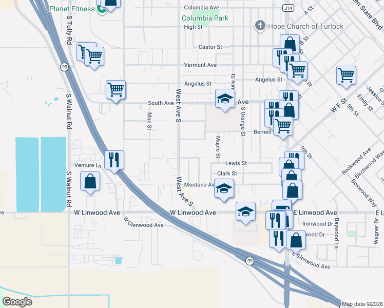 map of restaurants, bars, coffee shops, grocery stores, and more near 655 Jordan Avenue in Turlock