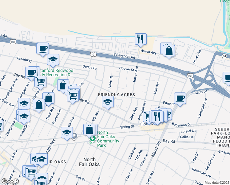 map of restaurants, bars, coffee shops, grocery stores, and more near 3399 Page Street in Redwood City