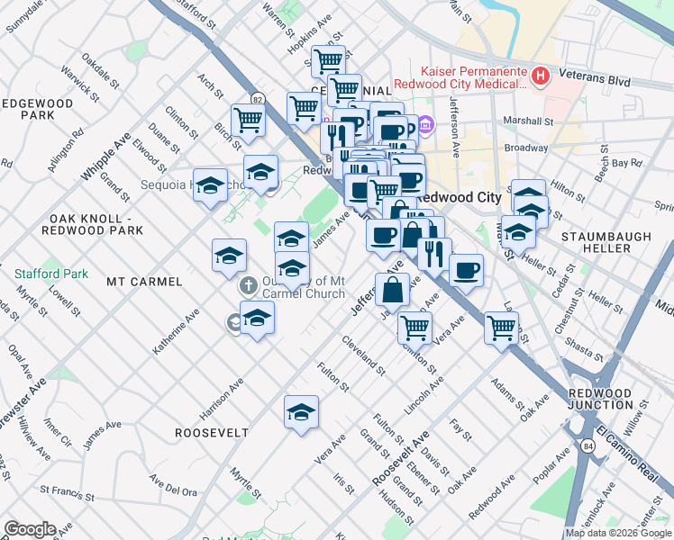 map of restaurants, bars, coffee shops, grocery stores, and more near 467 Clinton Street in Redwood City